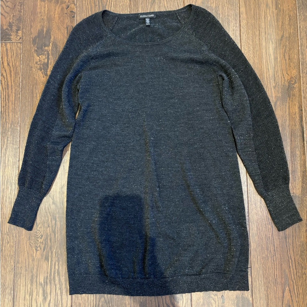 Eileen Fisher Black Merino Wool Sweater Tunic Sparkle Shimmering Knit - Picture 3 of 5